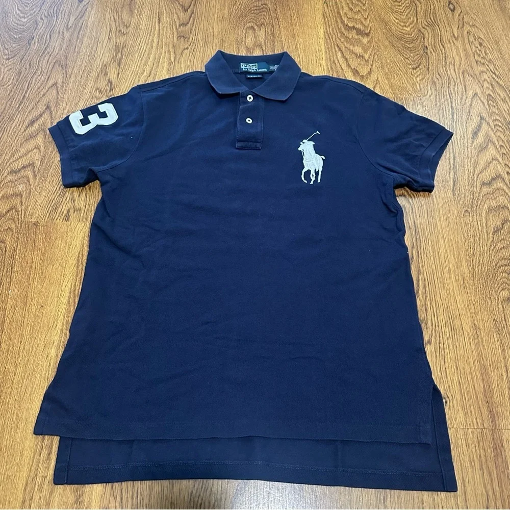 Ralph Lauren Navy Blue Big Pony Polo White Logo shirt size medium custom fit